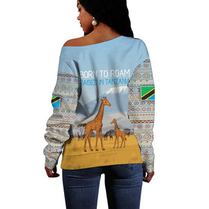 Tanzania Safari Giraffe Off Shoulder Sweater - Tribal Patterns and Mount Kilimanjaro Scene