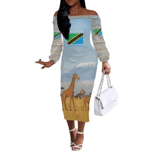 Tanzania Safari Giraffe Off The Shoulder Long Sleeve Dress - Tribal Patterns and Mount Kilimanjaro Scene
