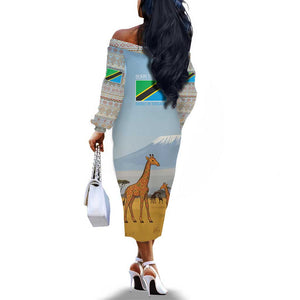 Tanzania Safari Giraffe Off The Shoulder Long Sleeve Dress - Tribal Patterns and Mount Kilimanjaro Scene