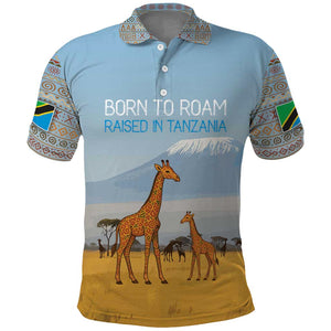 Tanzania Safari Giraffe Polo Shirt - Tribal Patterns and Mount Kilimanjaro Scene