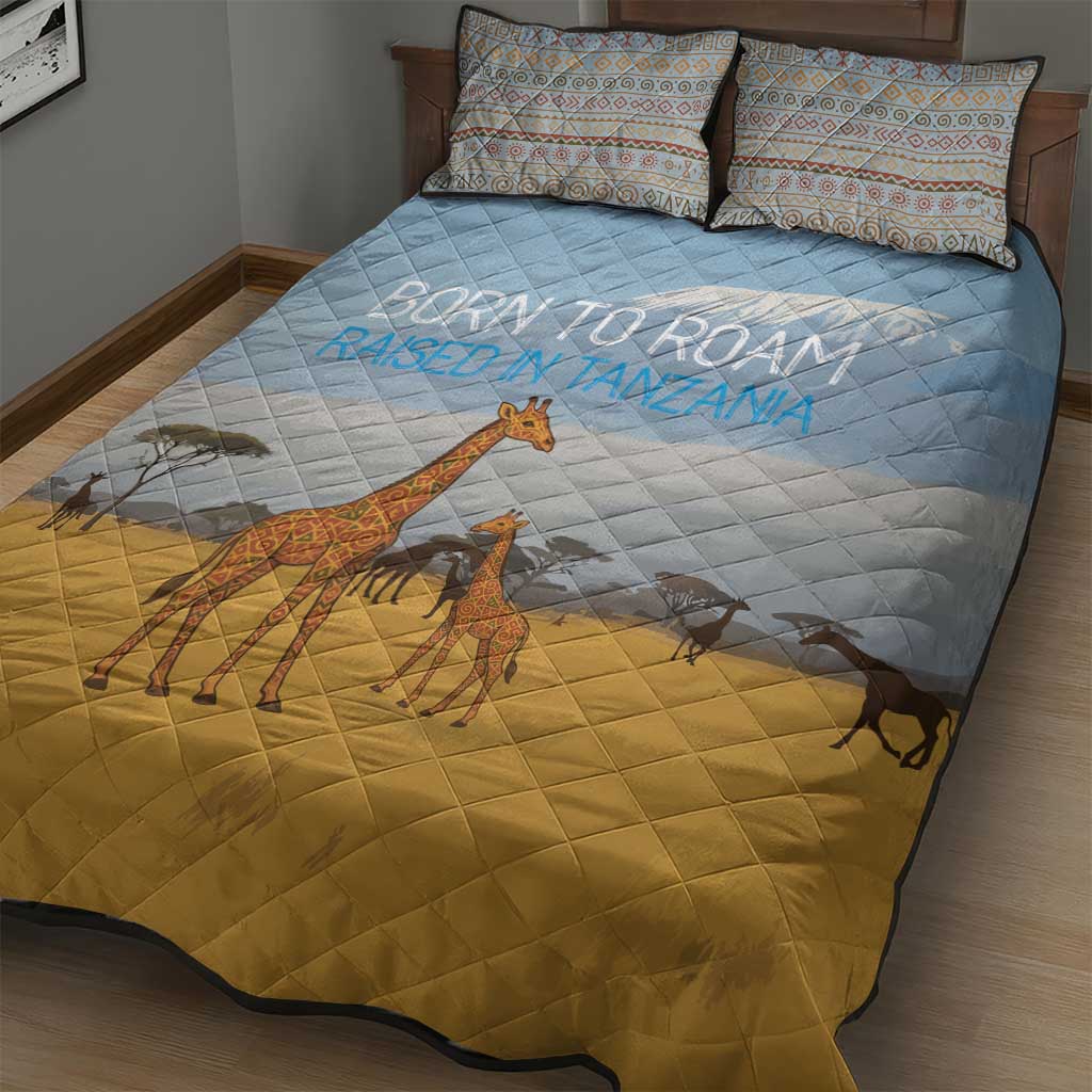 Tanzania Safari Giraffe Quilt Bed Set - Tribal Patterns and Mount Kilimanjaro Scene