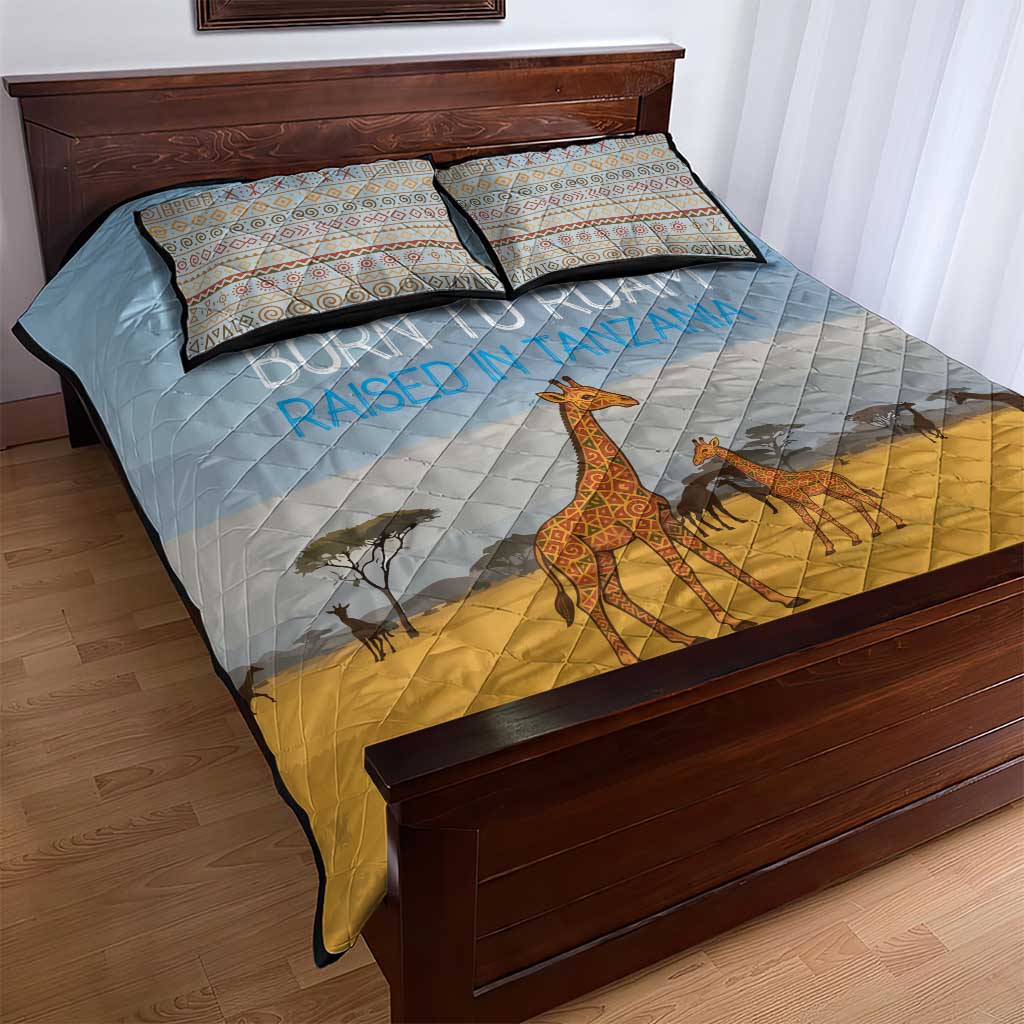 Tanzania Safari Giraffe Quilt Bed Set - Tribal Patterns and Mount Kilimanjaro Scene
