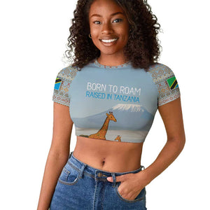 Tanzania Safari Giraffe Raglan Cropped T shirt - Tribal Patterns and Mount Kilimanjaro Scene