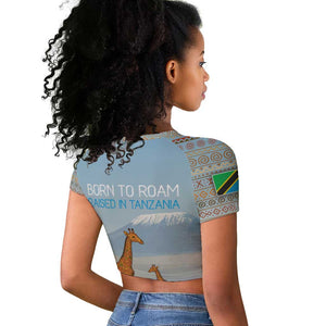 Tanzania Safari Giraffe Raglan Cropped T shirt - Tribal Patterns and Mount Kilimanjaro Scene