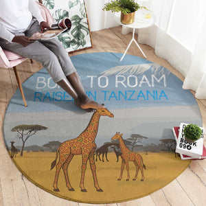 Tanzania Safari Giraffe Round Carpet - Tribal Patterns and Mount Kilimanjaro Scene