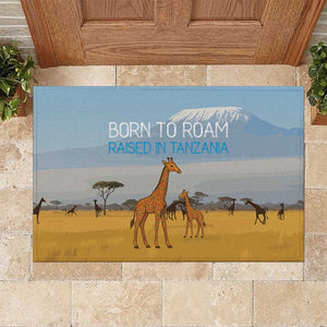 Tanzania Safari Giraffe Rubber Doormat - Tribal Patterns and Mount Kilimanjaro Scene