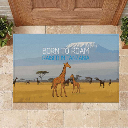 Tanzania Safari Giraffe Rubber Doormat - Tribal Patterns and Mount Kilimanjaro Scene