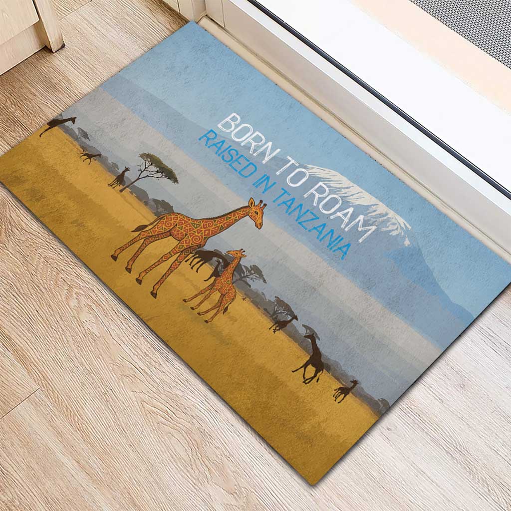 Tanzania Safari Giraffe Rubber Doormat - Tribal Patterns and Mount Kilimanjaro Scene