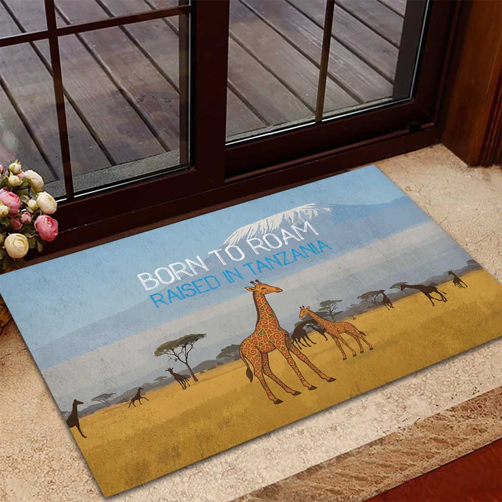 Tanzania Safari Giraffe Rubber Doormat - Tribal Patterns and Mount Kilimanjaro Scene