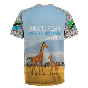 Tanzania Safari Giraffe Rugby Jersey - Tribal Patterns and Mount Kilimanjaro Scene
