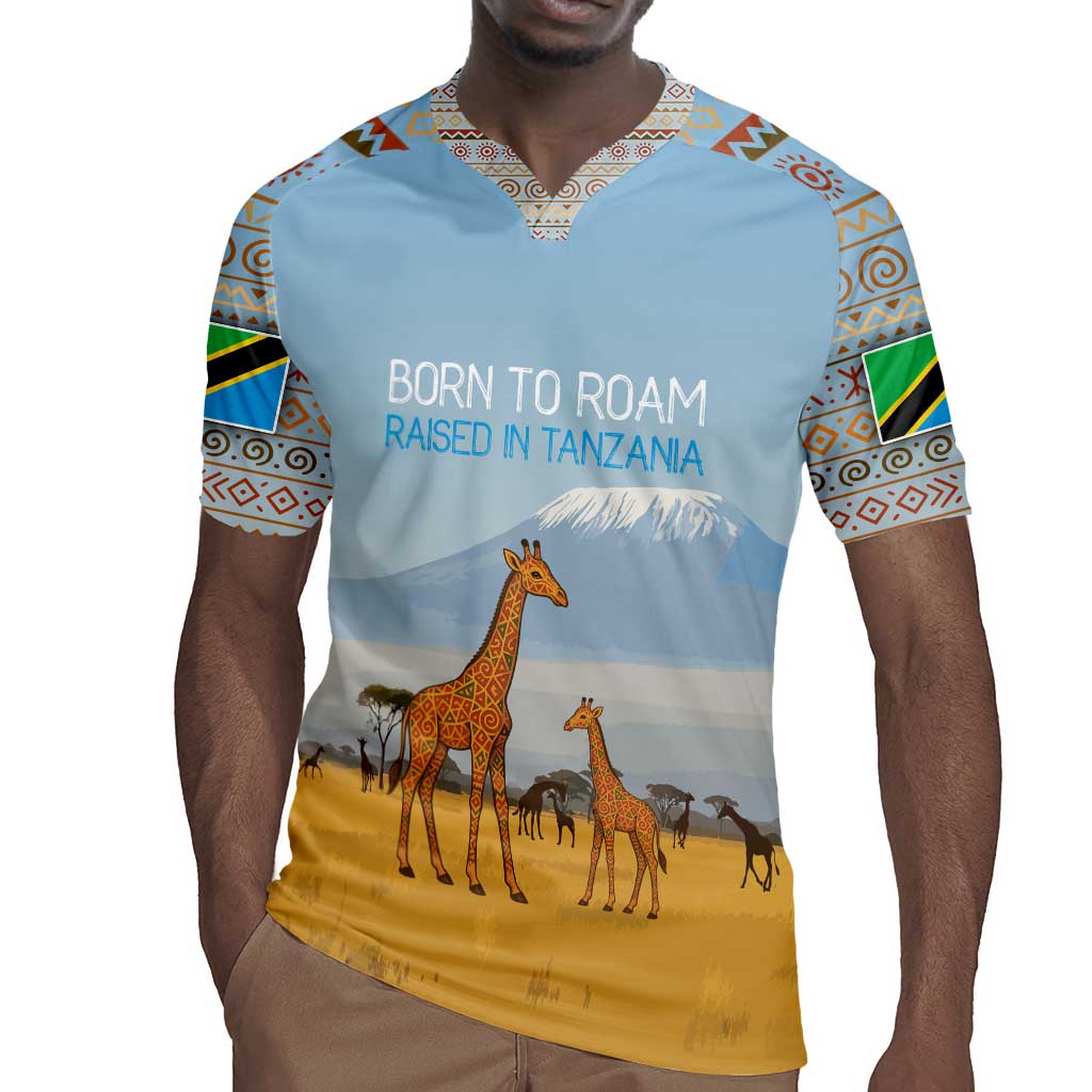 Tanzania Safari Giraffe Rugby Jersey - Tribal Patterns and Mount Kilimanjaro Scene