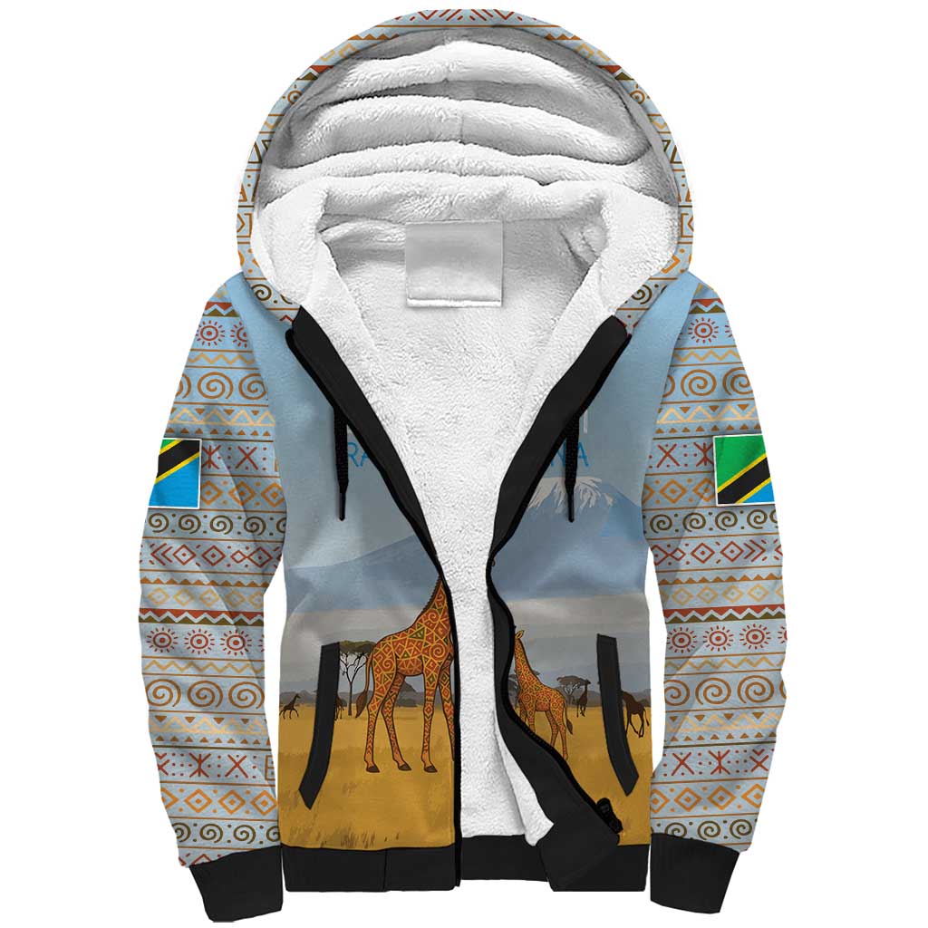 Tanzania Safari Giraffe Sherpa Hoodie - Tribal Patterns and Mount Kilimanjaro Scene