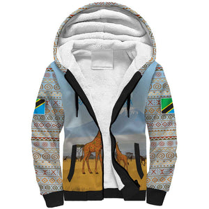 Tanzania Safari Giraffe Sherpa Hoodie - Tribal Patterns and Mount Kilimanjaro Scene