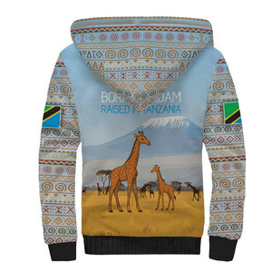 Tanzania Safari Giraffe Sherpa Hoodie - Tribal Patterns and Mount Kilimanjaro Scene