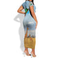 Tanzania Safari Giraffe Short Sleeve Bodycon Dress - Tribal Patterns and Mount Kilimanjaro Scene