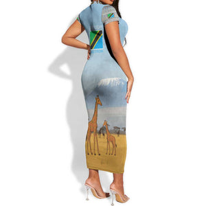 Tanzania Safari Giraffe Short Sleeve Bodycon Dress - Tribal Patterns and Mount Kilimanjaro Scene