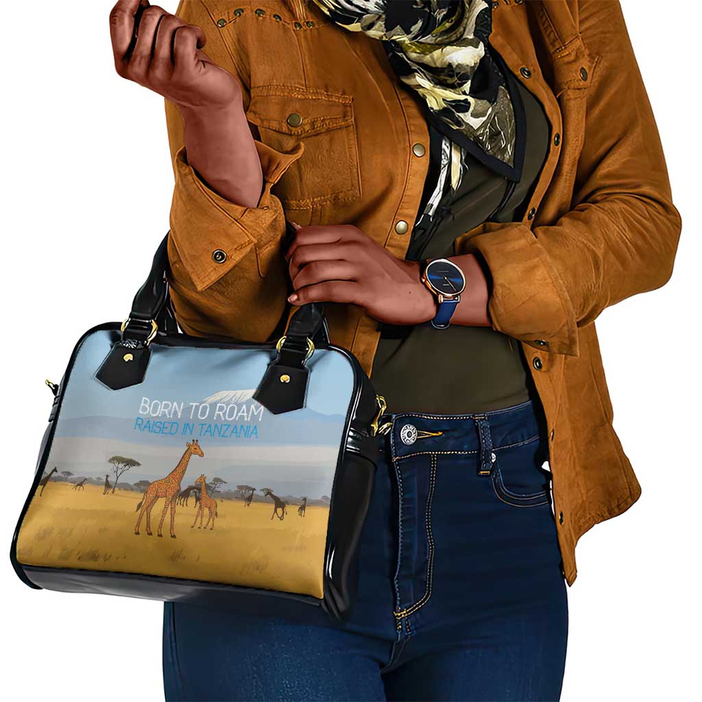 Tanzania Safari Giraffe Shoulder Handbag - Tribal Patterns and Mount Kilimanjaro Scene