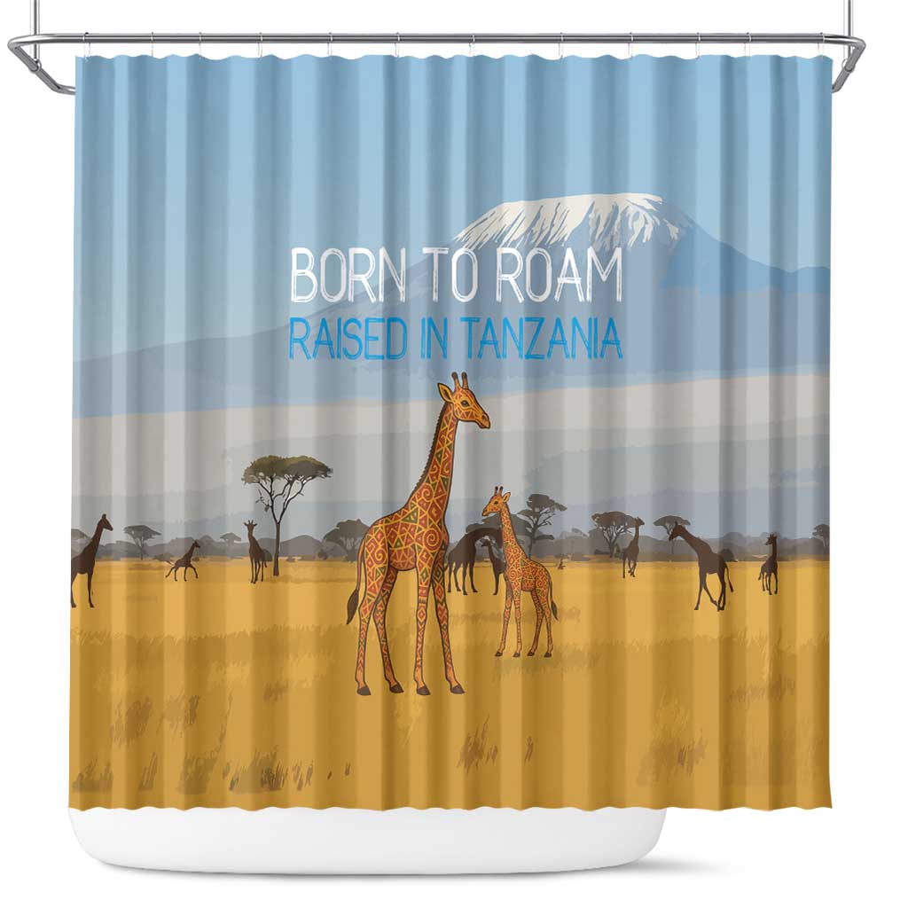 Tanzania Safari Giraffe Shower Curtain - Tribal Patterns and Mount Kilimanjaro Scene