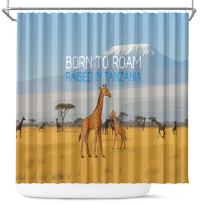 Tanzania Safari Giraffe Shower Curtain - Tribal Patterns and Mount Kilimanjaro Scene