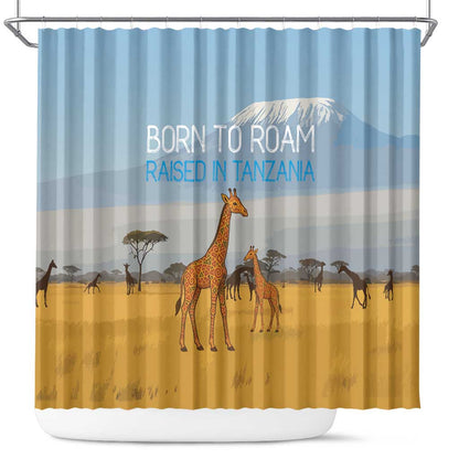 Tanzania Safari Giraffe Shower Curtain - Tribal Patterns and Mount Kilimanjaro Scene