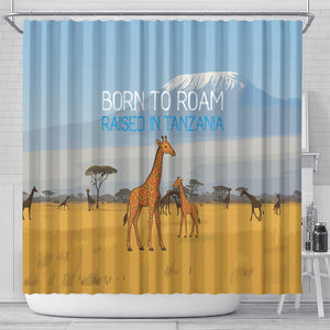 Tanzania Safari Giraffe Shower Curtain - Tribal Patterns and Mount Kilimanjaro Scene