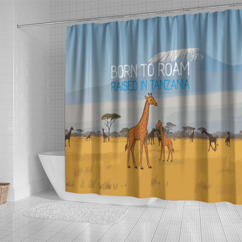 Tanzania Safari Giraffe Shower Curtain - Tribal Patterns and Mount Kilimanjaro Scene
