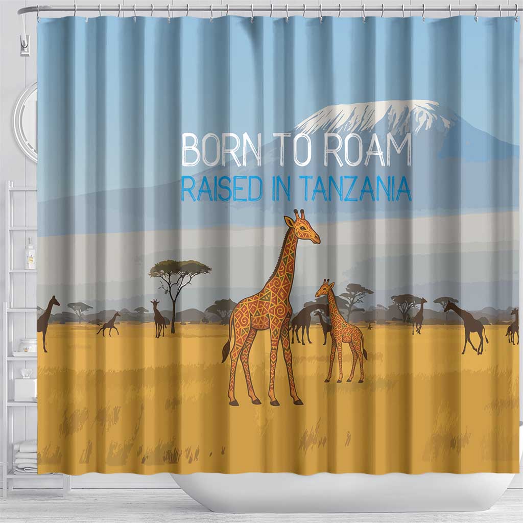 Tanzania Safari Giraffe Shower Curtain - Tribal Patterns and Mount Kilimanjaro Scene