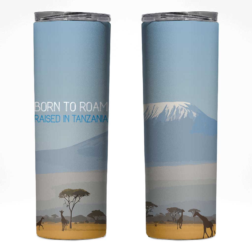 Tanzania Safari Giraffe Skinny Tumbler - Tribal Patterns and Mount Kilimanjaro Scene