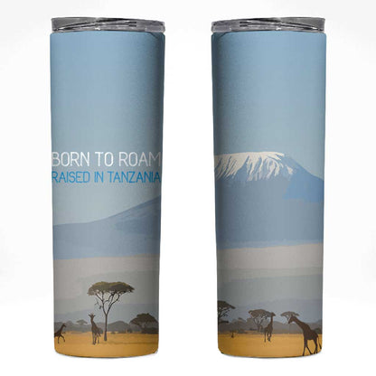 Tanzania Safari Giraffe Skinny Tumbler - Tribal Patterns and Mount Kilimanjaro Scene