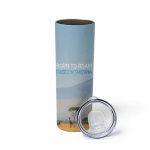 Tanzania Safari Giraffe Skinny Tumbler - Tribal Patterns and Mount Kilimanjaro Scene