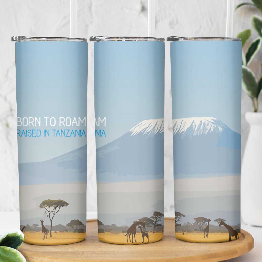 Tanzania Safari Giraffe Skinny Tumbler - Tribal Patterns and Mount Kilimanjaro Scene
