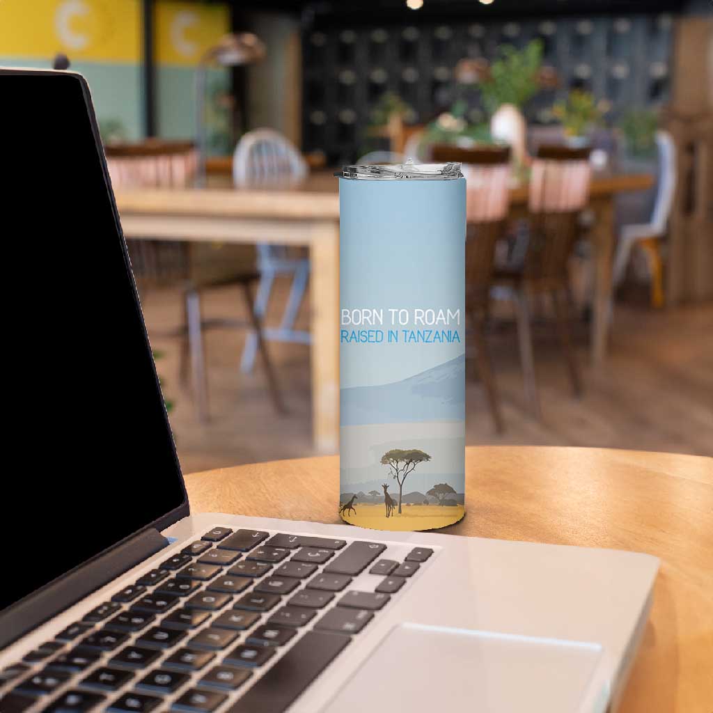 Tanzania Safari Giraffe Skinny Tumbler - Tribal Patterns and Mount Kilimanjaro Scene