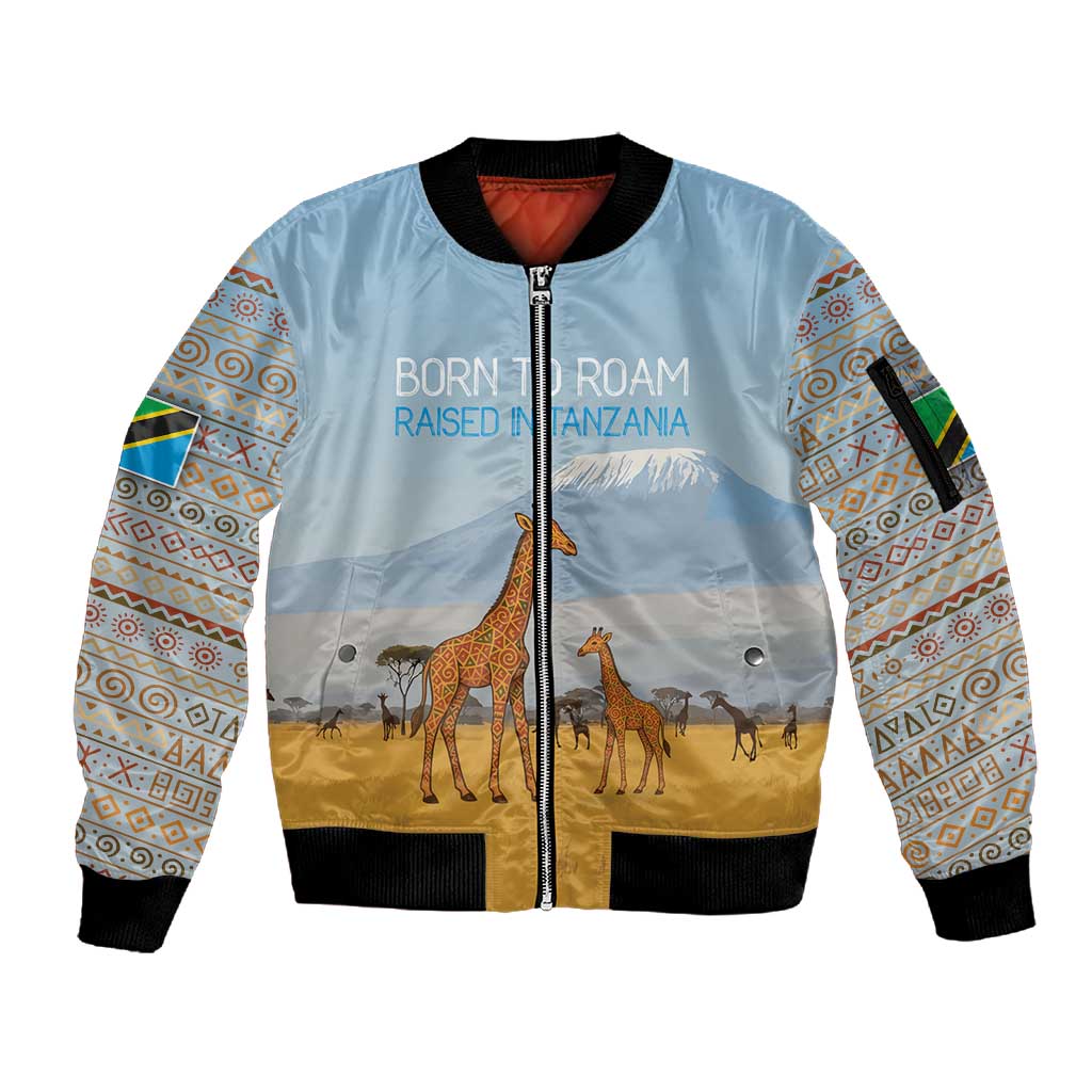 Tanzania Safari Giraffe Sleeve Zip Bomber Jacket - Tribal Patterns and Mount Kilimanjaro Scene