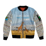 Tanzania Safari Giraffe Sleeve Zip Bomber Jacket - Tribal Patterns and Mount Kilimanjaro Scene