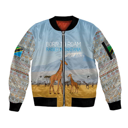 Tanzania Safari Giraffe Sleeve Zip Bomber Jacket - Tribal Patterns and Mount Kilimanjaro Scene