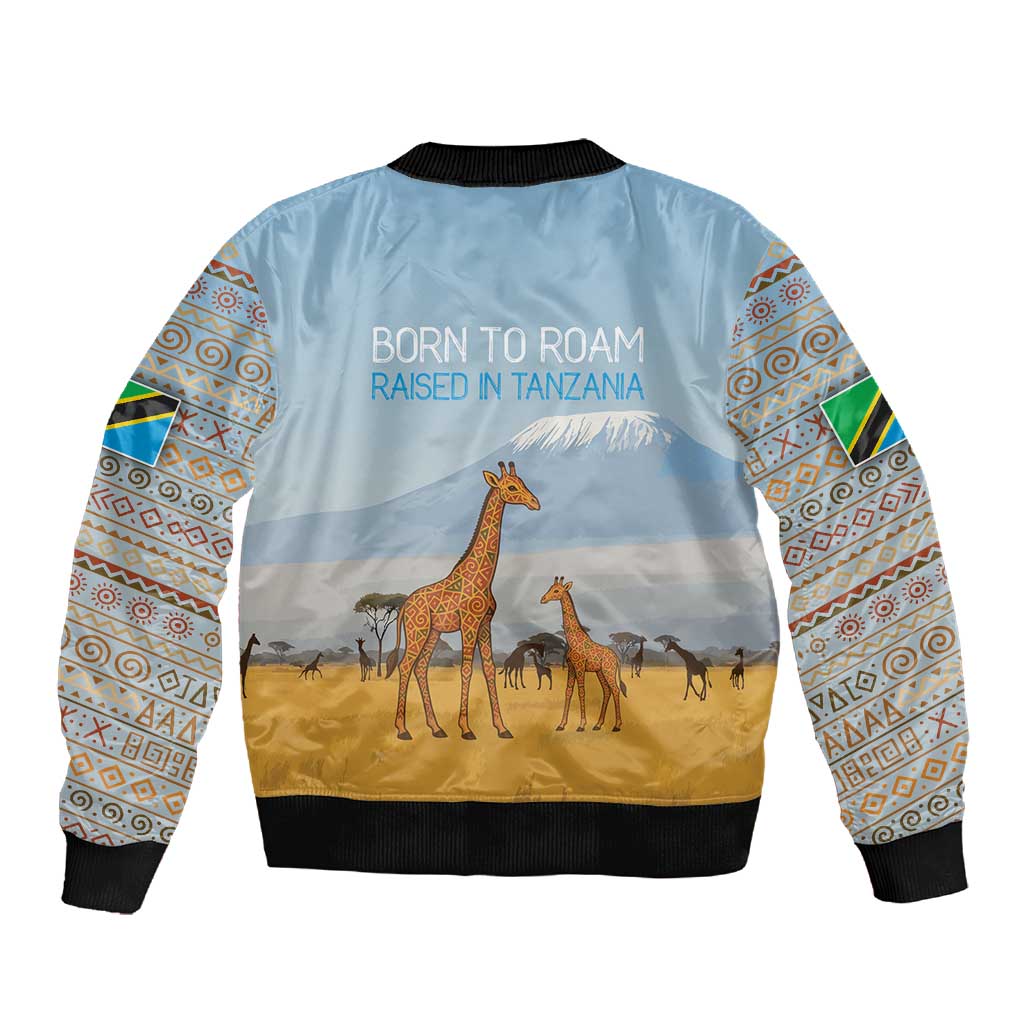 Tanzania Safari Giraffe Sleeve Zip Bomber Jacket - Tribal Patterns and Mount Kilimanjaro Scene