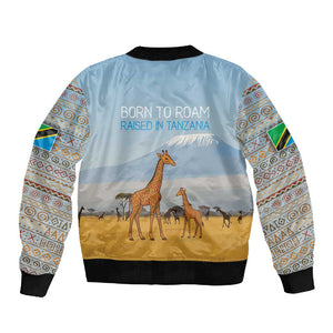 Tanzania Safari Giraffe Sleeve Zip Bomber Jacket - Tribal Patterns and Mount Kilimanjaro Scene