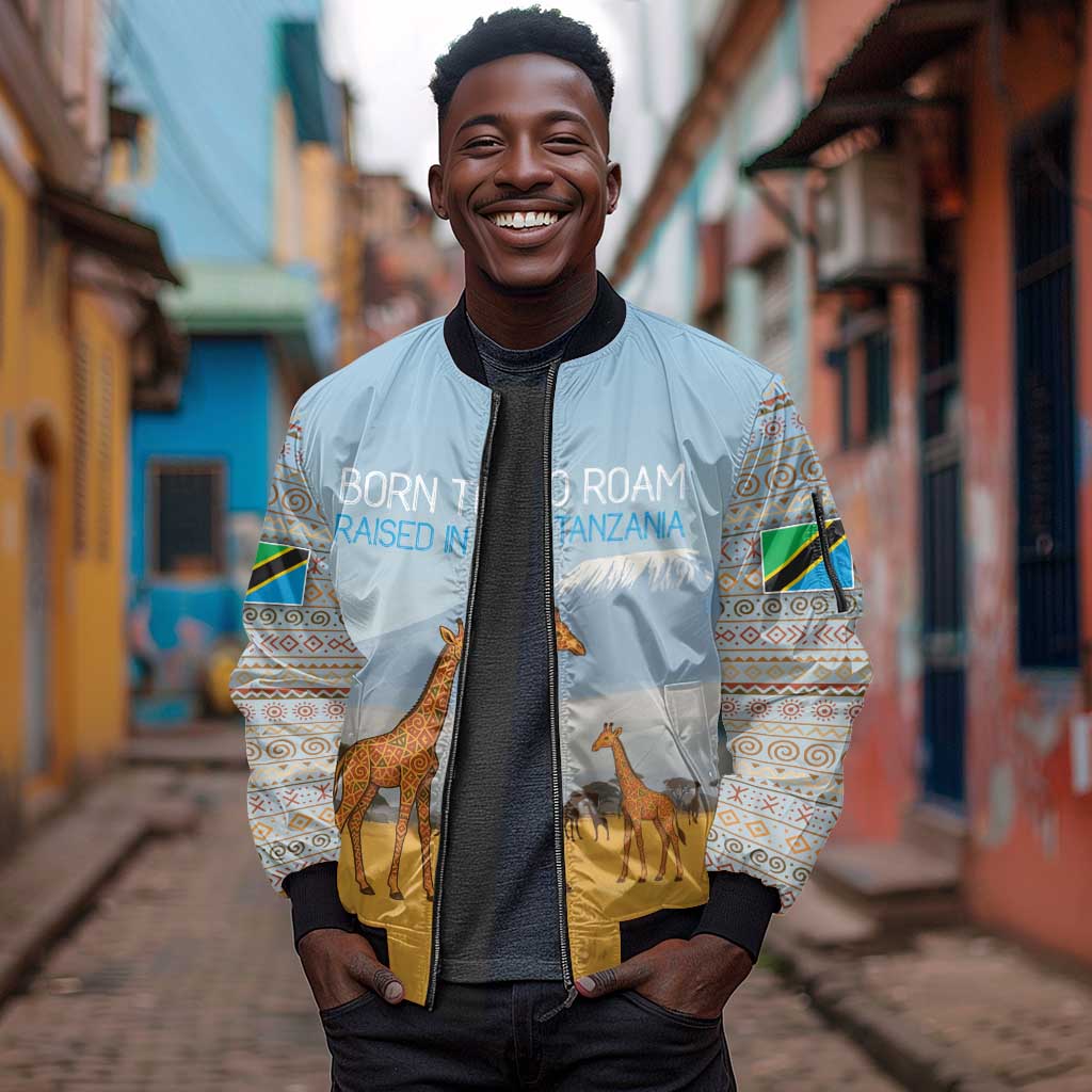 Tanzania Safari Giraffe Sleeve Zip Bomber Jacket - Tribal Patterns and Mount Kilimanjaro Scene