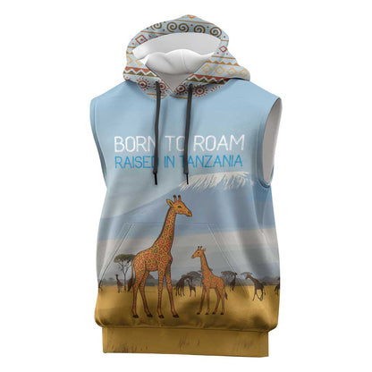 Tanzania Safari Giraffe Sleeveless Hoodie - Tribal Patterns and Mount Kilimanjaro Scene - African Pride