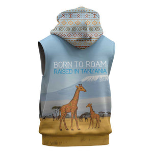 Tanzania Safari Giraffe Sleeveless Hoodie - Tribal Patterns and Mount Kilimanjaro Scene - African Pride
