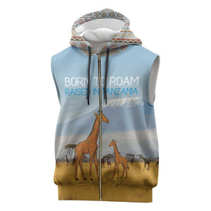 Tanzania Safari Giraffe Sleeveless Zip Hoodie - Tribal Patterns and Mount Kilimanjaro Scene - African Pride