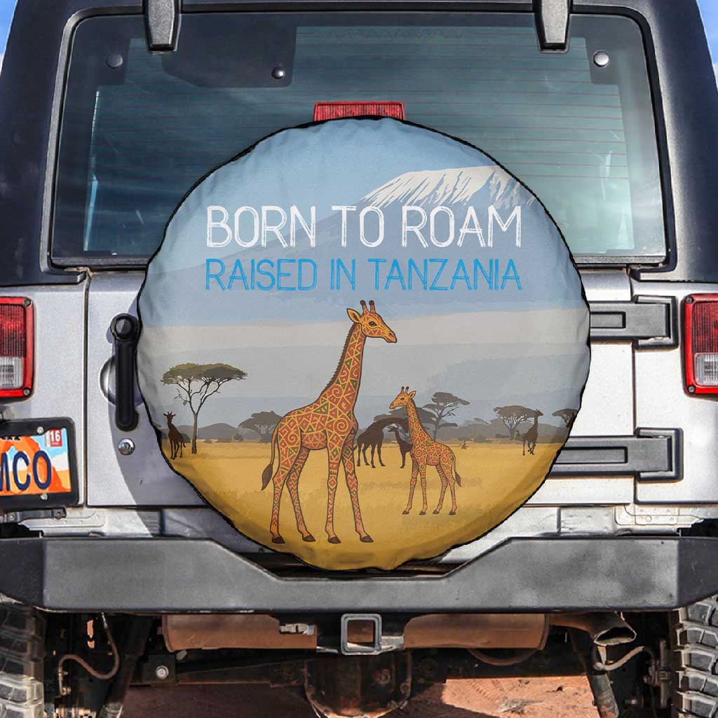 Tanzania Safari Giraffe Spare Tire Cover - Tribal Patterns and Mount Kilimanjaro Scene