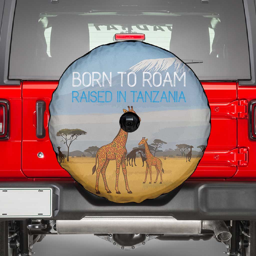 Tanzania Safari Giraffe Spare Tire Cover - Tribal Patterns and Mount Kilimanjaro Scene