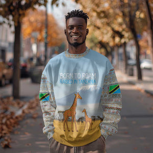 Tanzania Safari Giraffe Sweatshirt - Tribal Patterns and Mount Kilimanjaro Scene