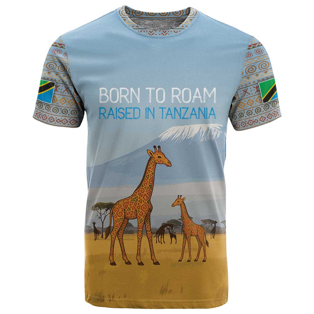 Tanzania Safari Giraffe T shirt - Tribal Patterns and Mount Kilimanjaro Scene