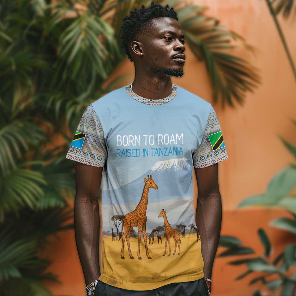Tanzania Safari Giraffe T shirt - Tribal Patterns and Mount Kilimanjaro Scene