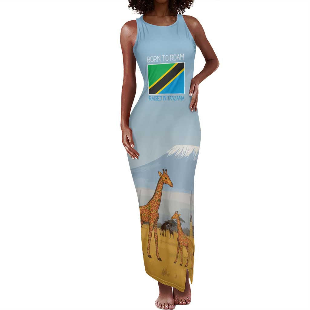 Tanzania Safari Giraffe Tank Maxi Dress - Tribal Patterns and Mount Kilimanjaro Scene