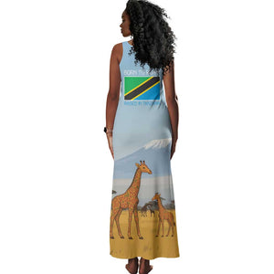Tanzania Safari Giraffe Tank Maxi Dress - Tribal Patterns and Mount Kilimanjaro Scene