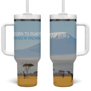 Tanzania Safari Giraffe Tumbler With Handle - Tribal Patterns and Mount Kilimanjaro Scene