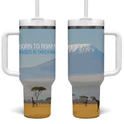Tanzania Safari Giraffe Tumbler With Handle - Tribal Patterns and Mount Kilimanjaro Scene